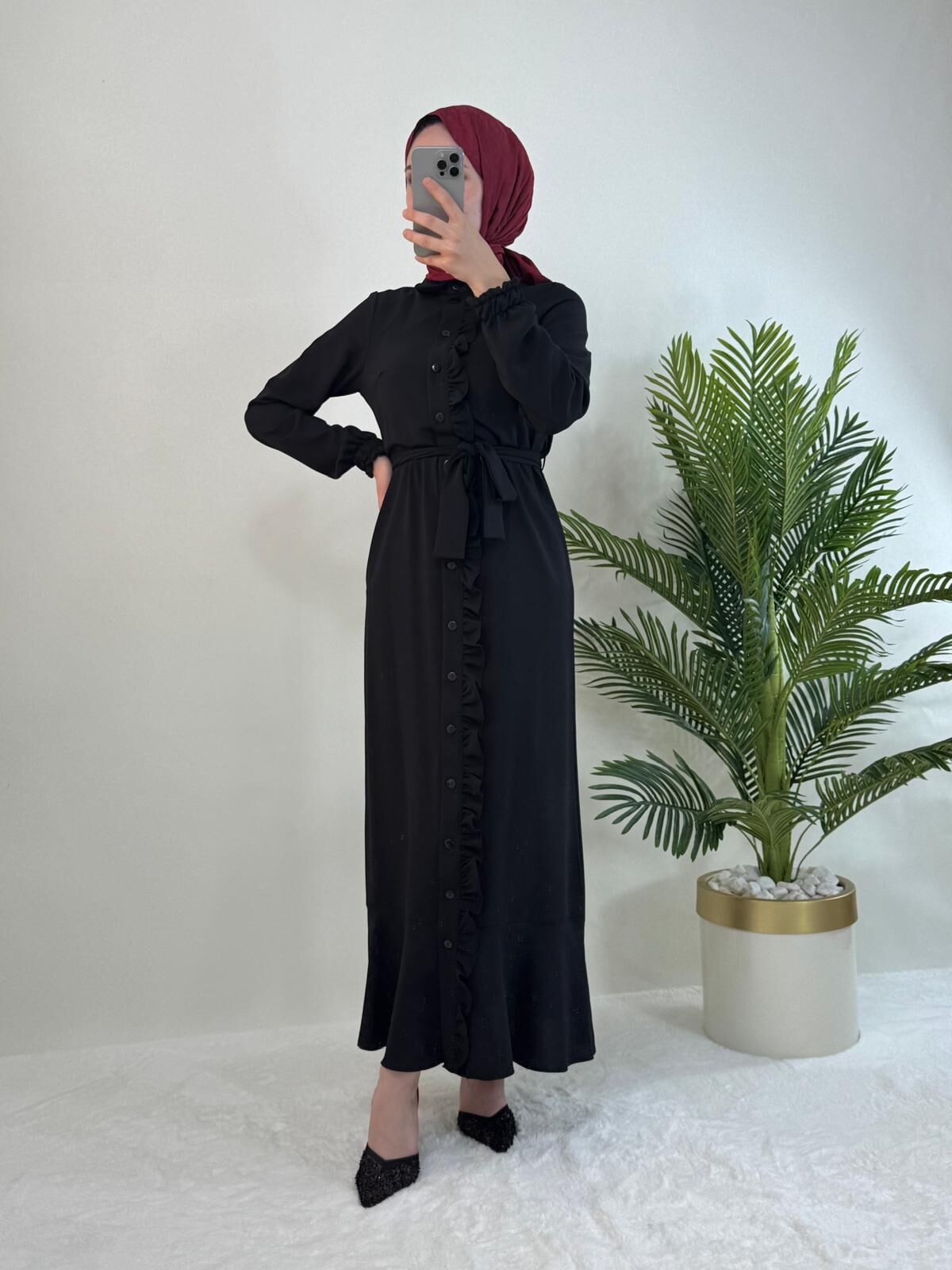 FIRFIR DETAYLI BAĞLAMALI ELBİSE