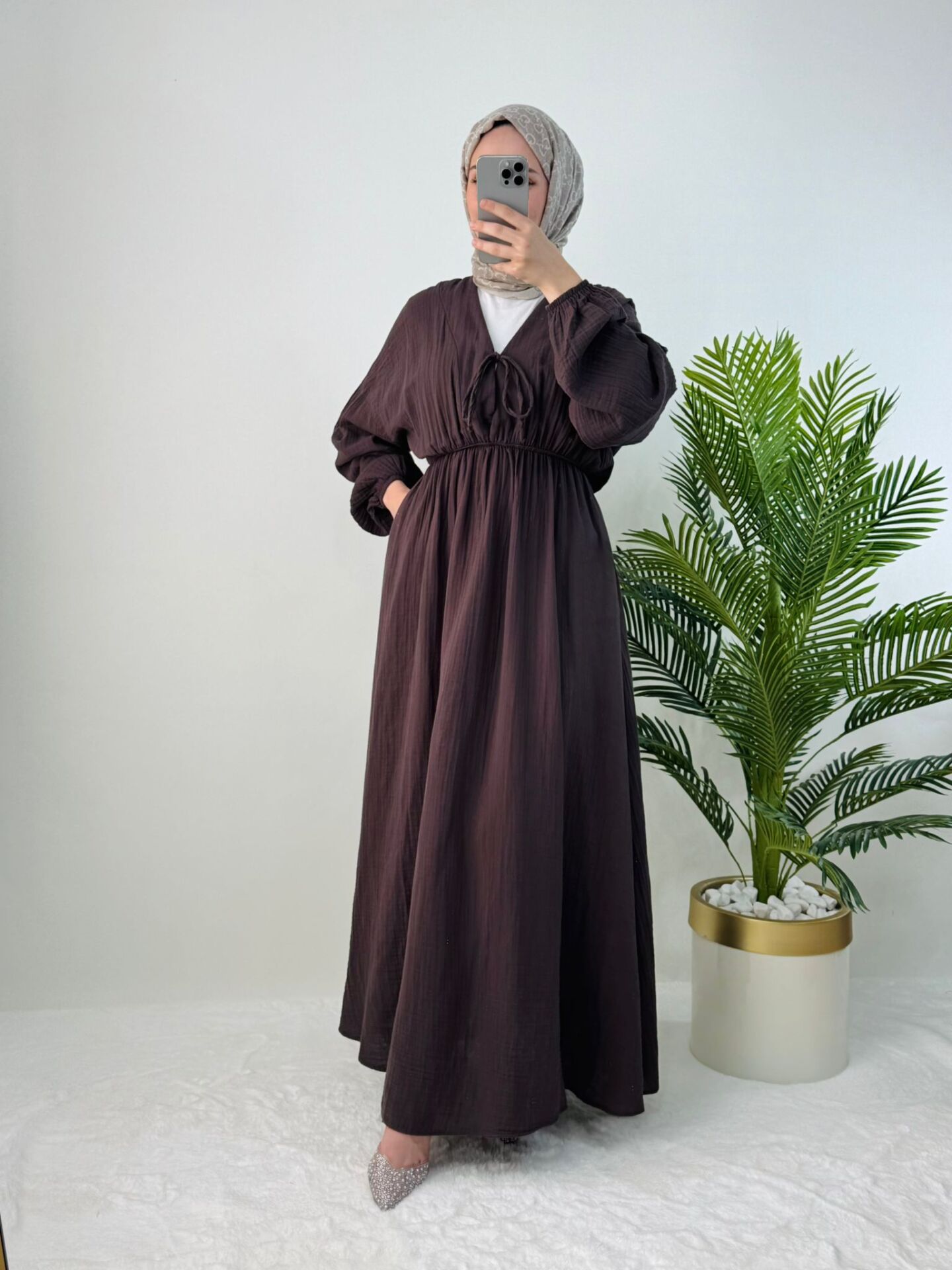 BELİ LASTİKLİ MÜSLİN ELBİSE