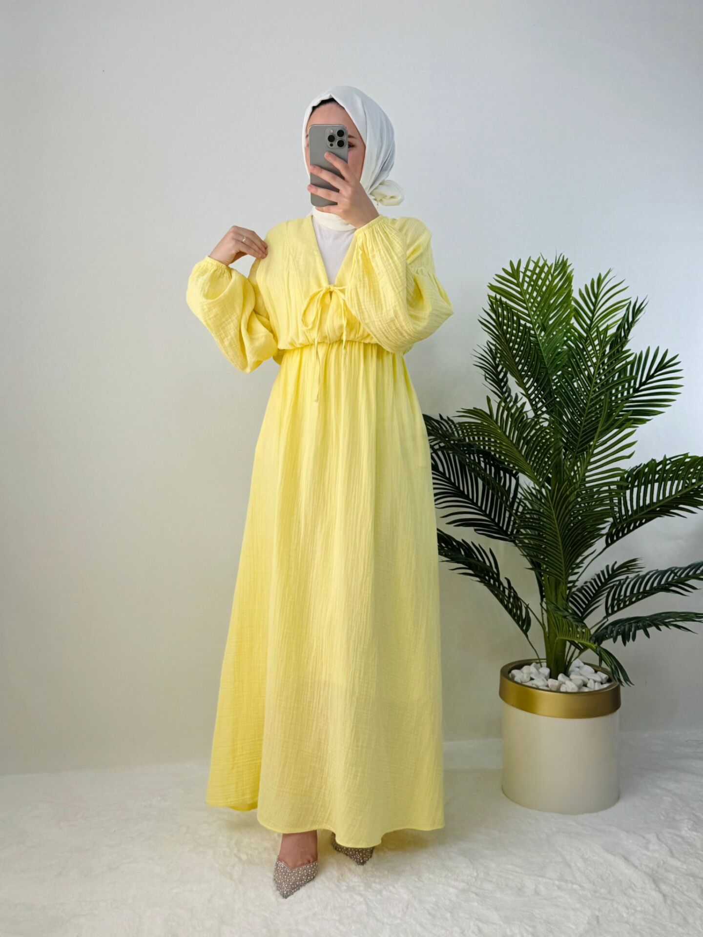 BELİ LASTİKLİ MÜSLİN ELBİSE