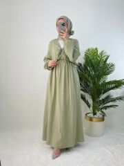 BELİ LASTİKLİ MÜSLİN ELBİSE