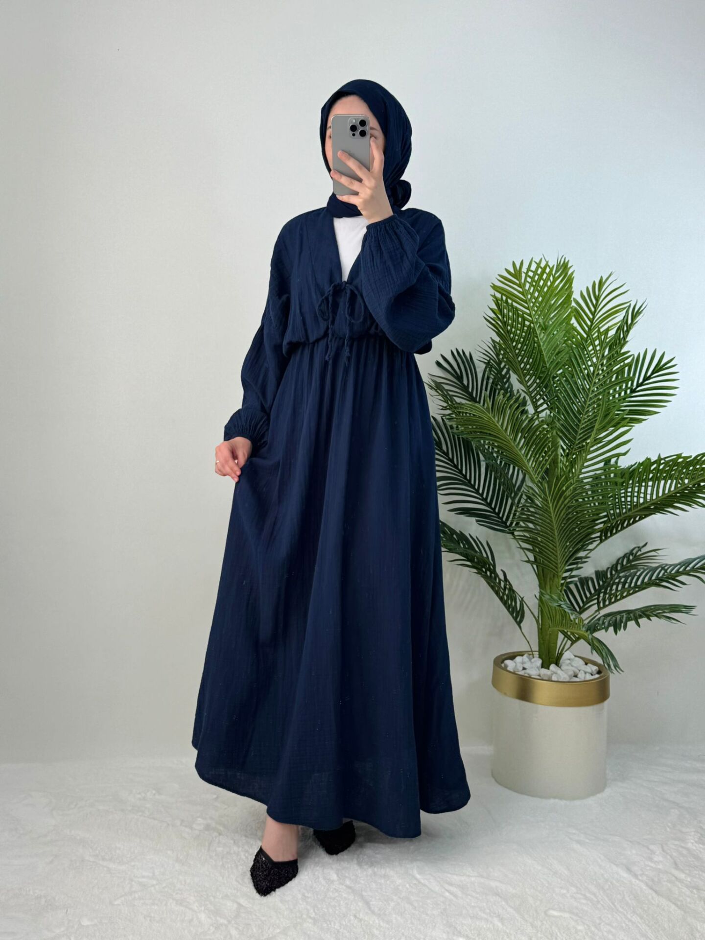 BELİ LASTİKLİ MÜSLİN ELBİSE